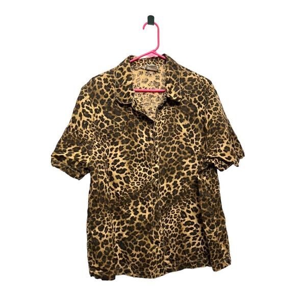 Hot Cotton Breathable Linen Brown Leopard Print Short Sleeve Button Down Shirt - Picture 1 of 7